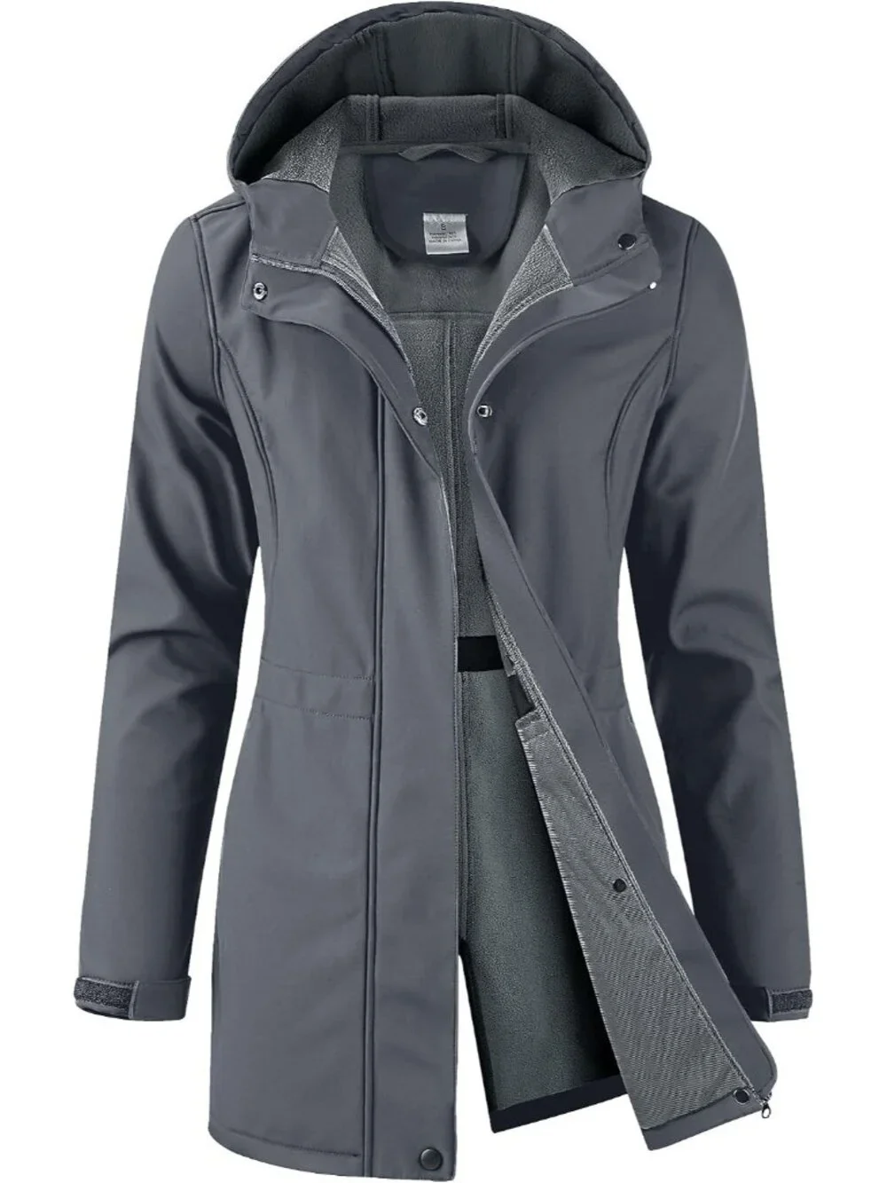 Women's Grey Hooded Fleece Lined Waterproof Hiking Softshell Long Rain Jacket